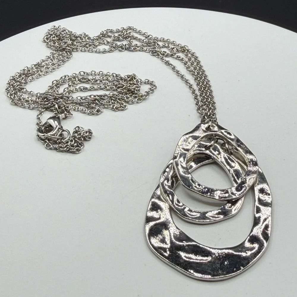 Silver Tone Hammered Triple Oval Pendant Necklace Multi Strand Boho Statement